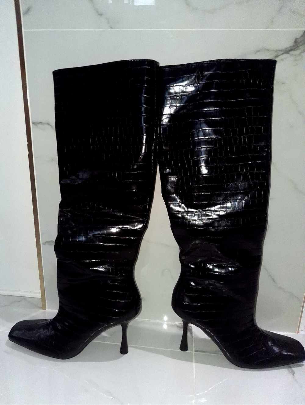 Black croc embossed faux leather knee high boots with pointed toe and heel 9